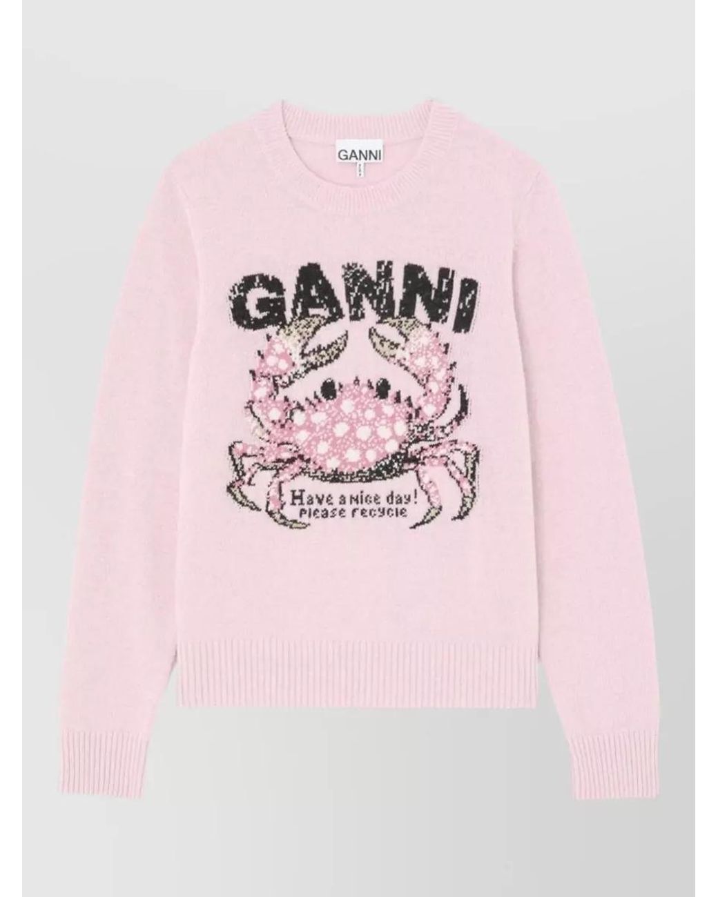 Ganni Pink Wool Intarsia-Knit Crewneck Sweater