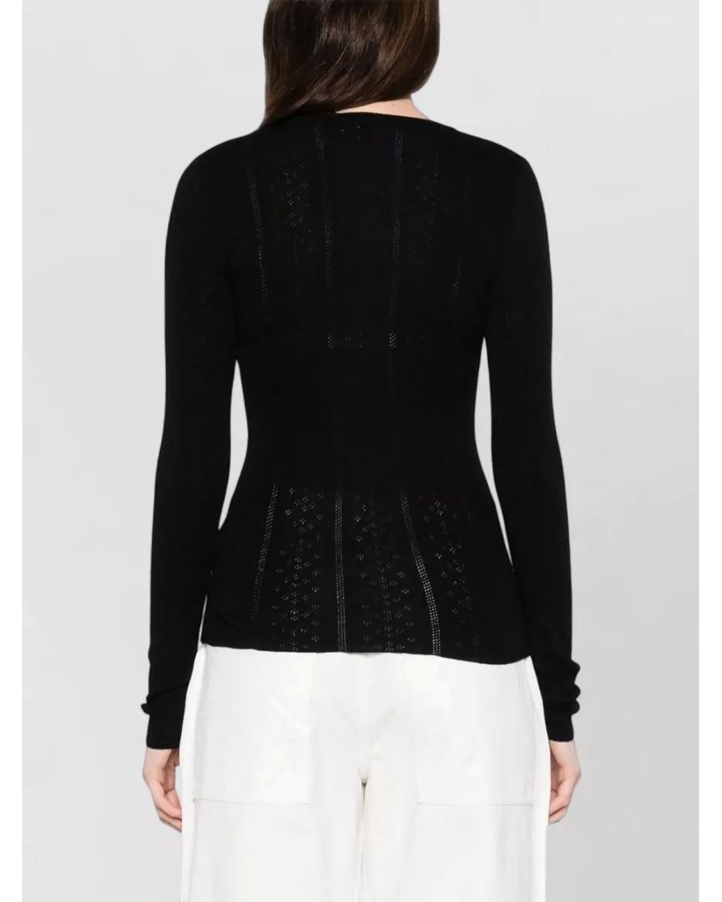 Herskind Black Merino Wool Perforated Long-Sleeve Crewneck Sweater