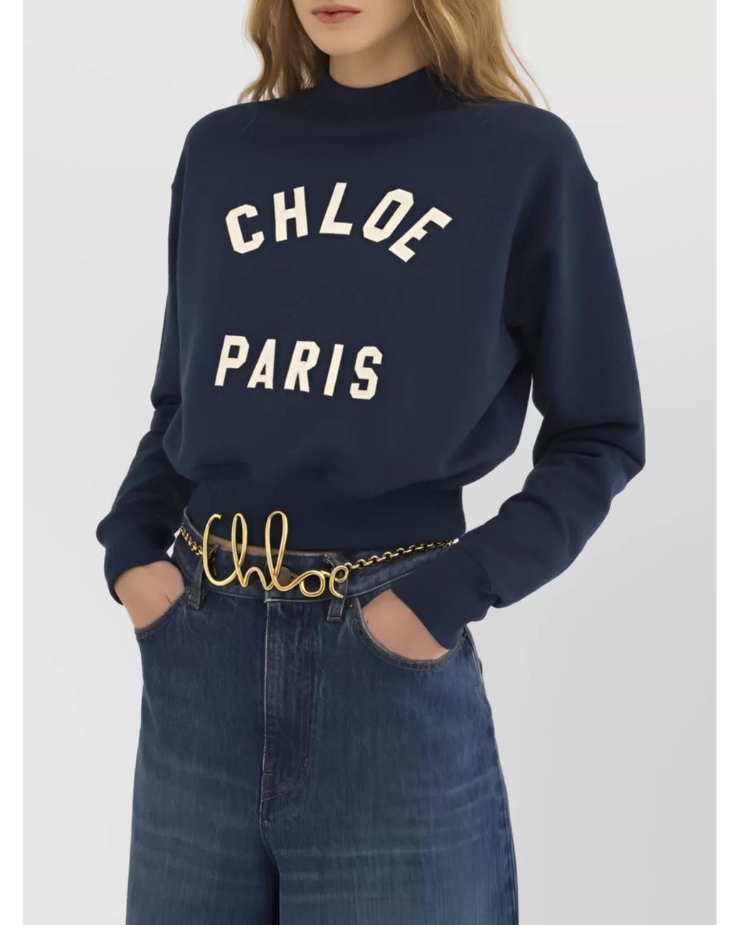 Chloé Blue Cotton Mock-Neck Cropped Sweatshirt