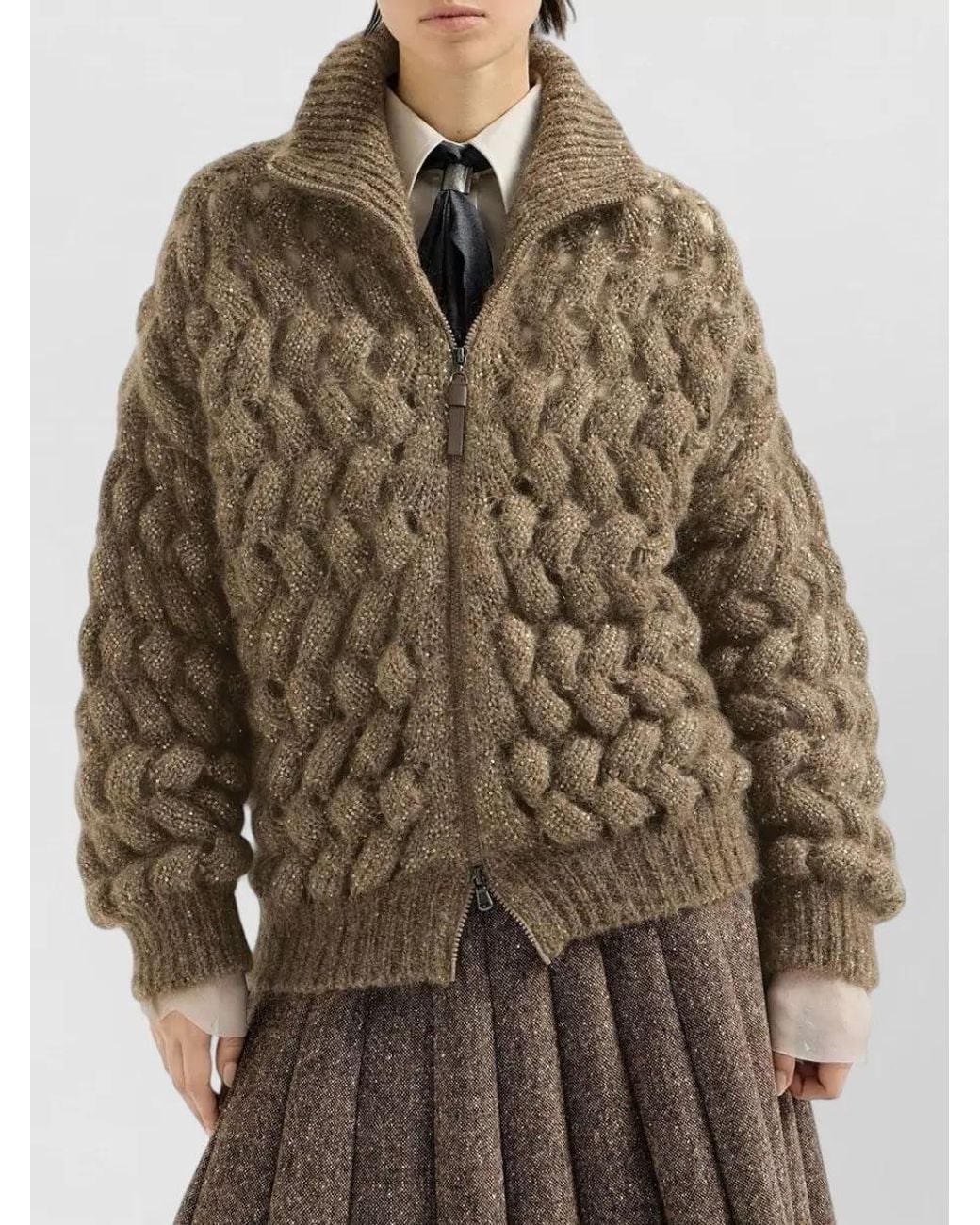 Brunello Cucinelli Brown Ribbed Sequined Mohair Blend Cardigan