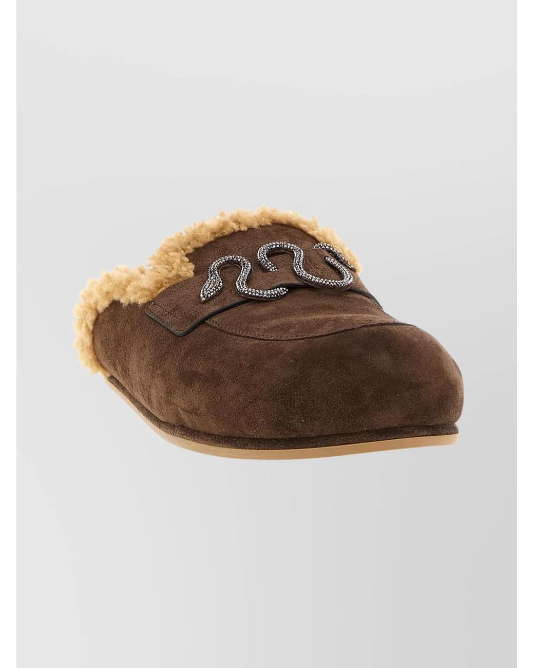 Rene Caovilla Brown Leather Crystal-Embellished Shearling Mules