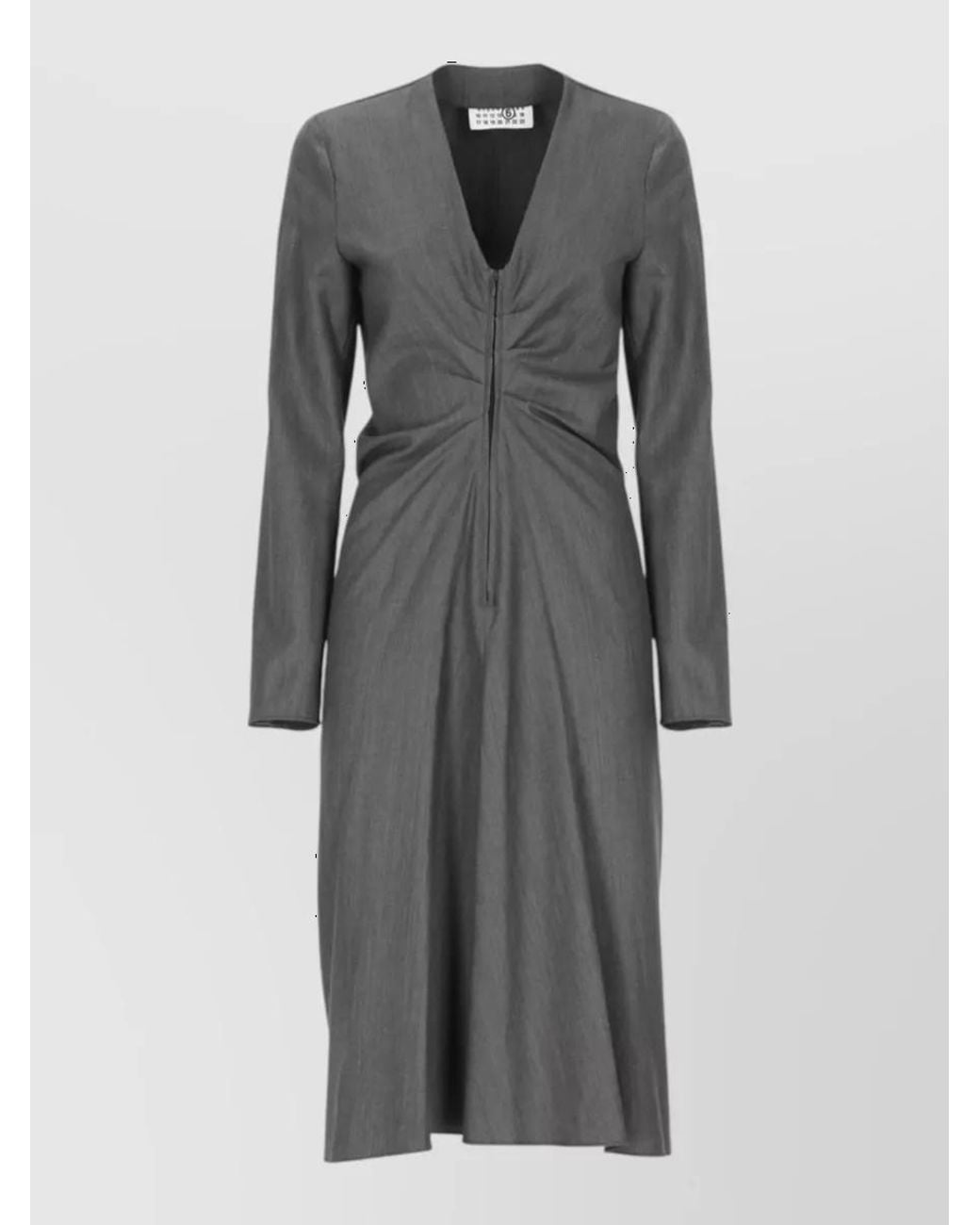 MM6 by Maison Margiela Gray Virgin Wool V-Neck Long-Sleeve Knee-Length Dress