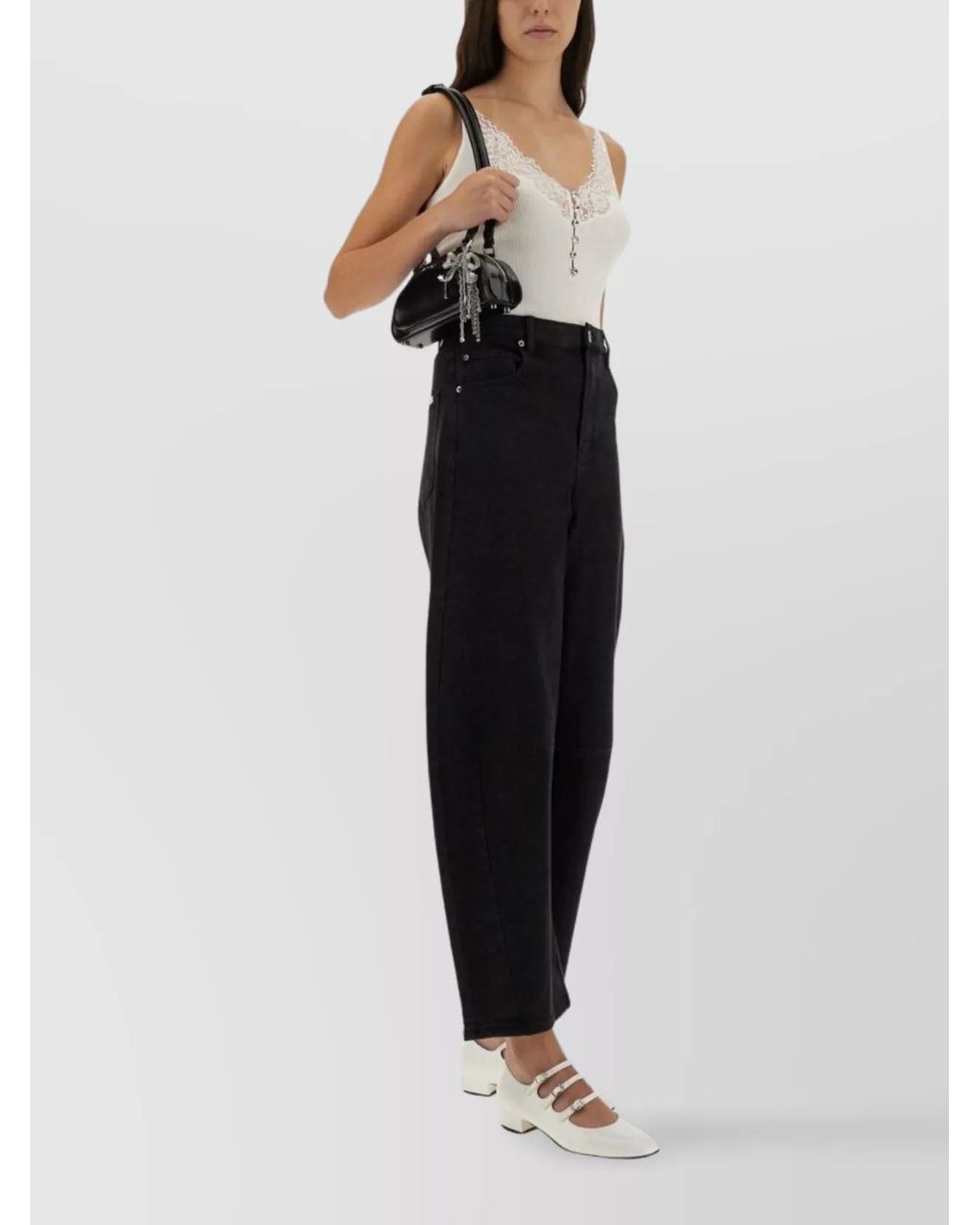Self-Portrait White Ribbed Lace-Trim V-Neck Slim-Fit Tank Top