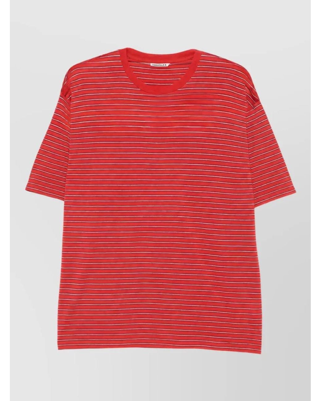 Auralee Red Wool Striped Crew Neck Short Sleeve T Shirt for men