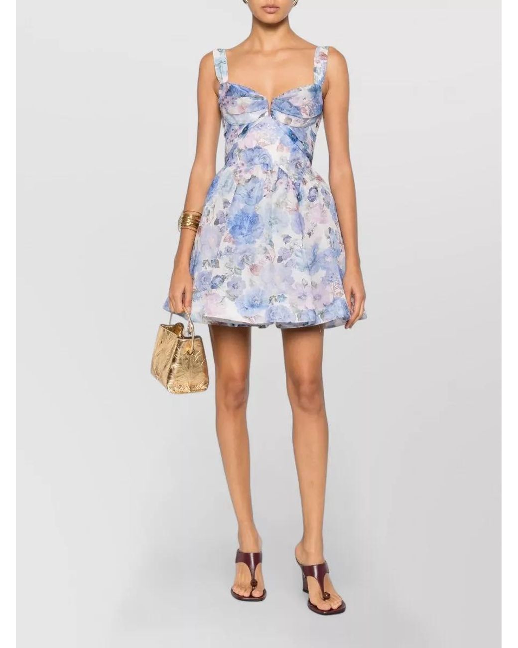 Zimmermann Blue Silk Linen Floral-Print Draped Sleeveless Mini Dress