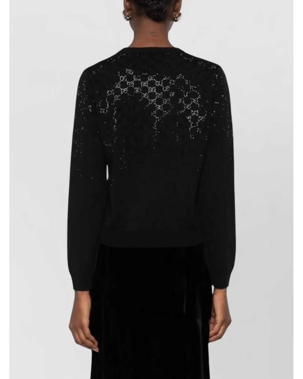 Gucci Black Wool Ribbed Crystal-Embellished Crew-Neck Cardigan