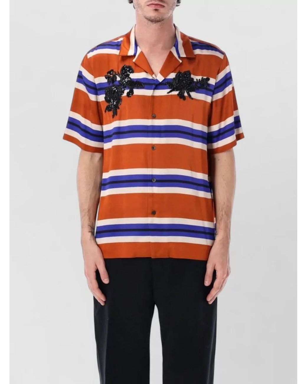 Dries Van Noten Blue Short Sleeve Striped Camp Shirt With Floral Appliqué for men