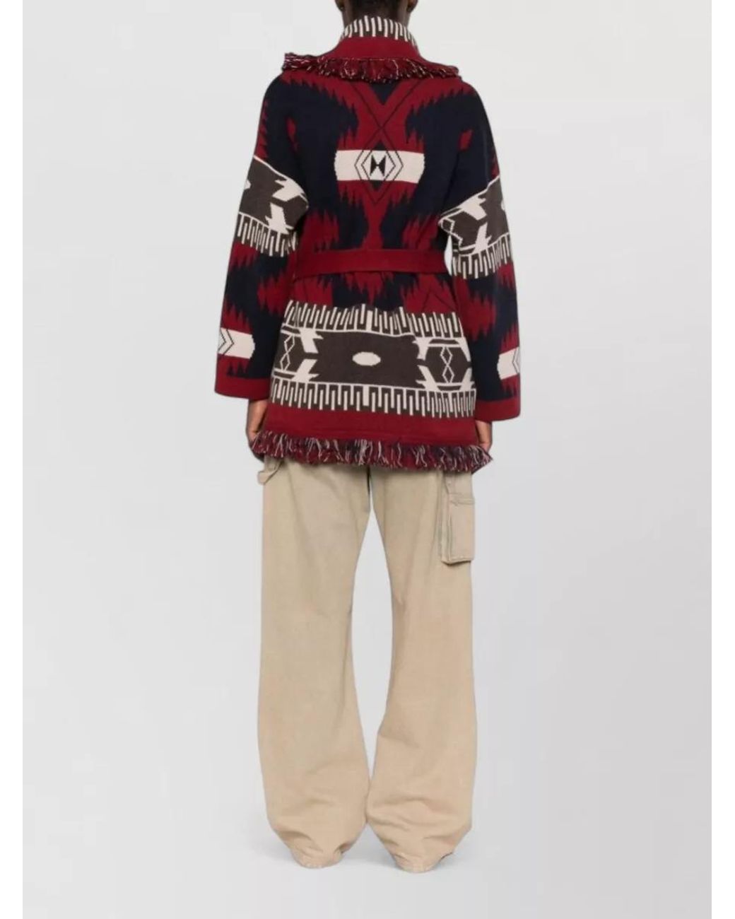 Alanui Red Cashmere Jacquard Fringe Belted Cardigan