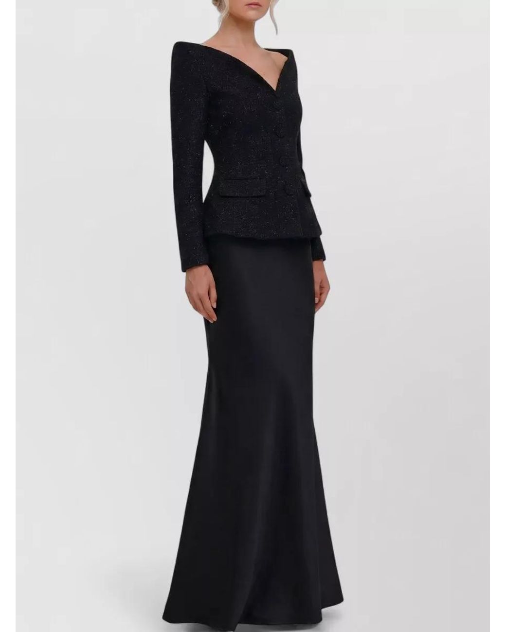 Self-Portrait Black Metallic Bouclé Satin Maxi Dress