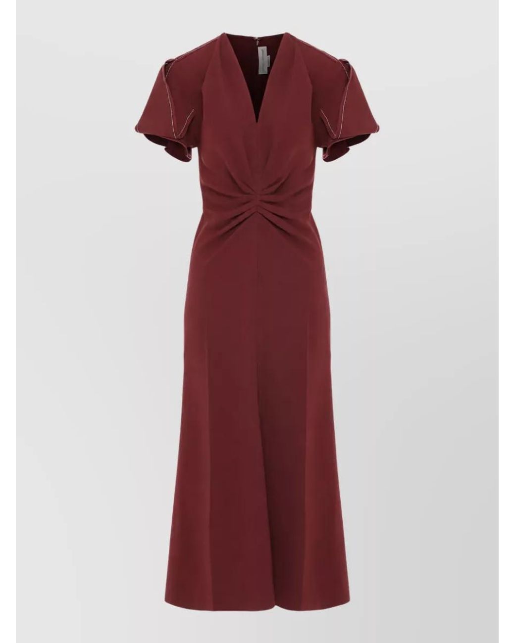 Victoria Beckham Red V-Neck Pleated Midi Dress