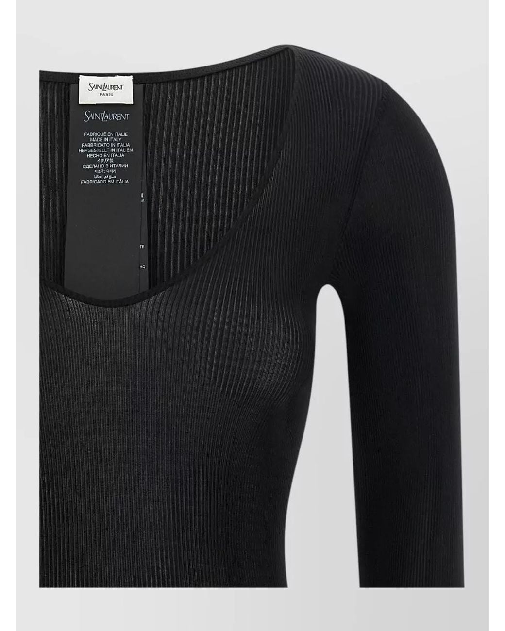 Saint Laurent Black Silk Ribbed V-Neck Long-Sleeve Top