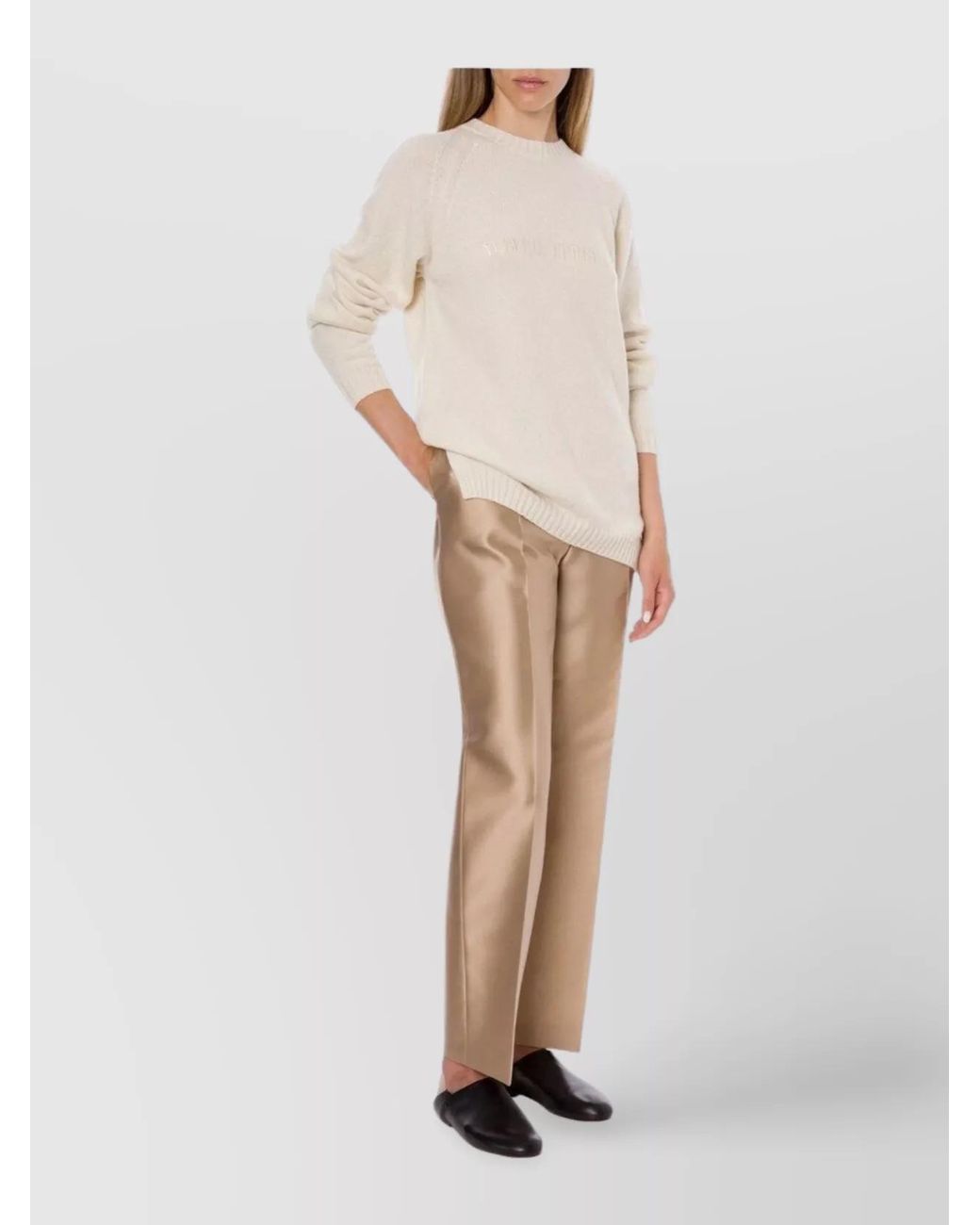 Alberta Ferretti Natural Long Sleeve Crew Neck Knit Sweater