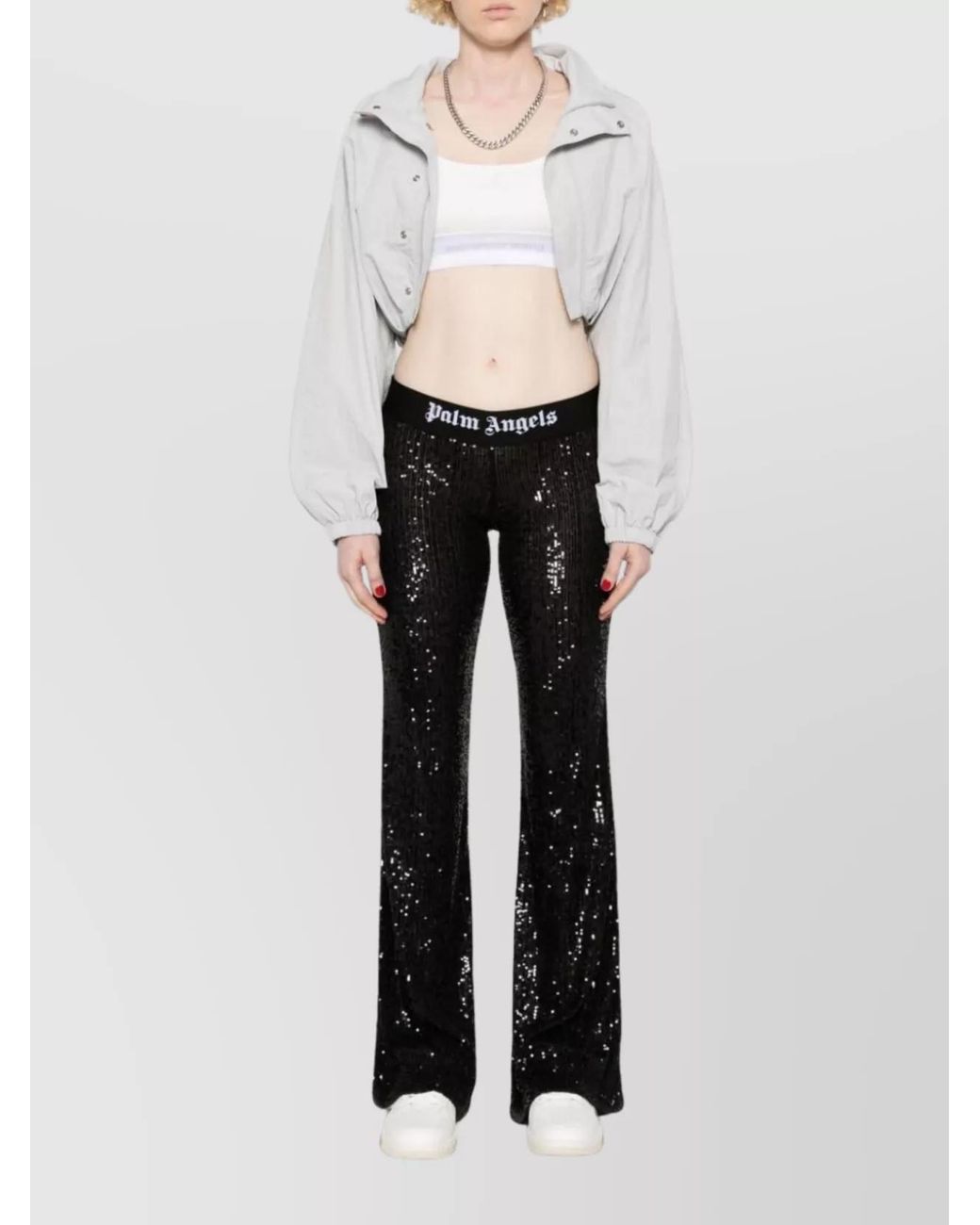 Palm Angels Black Sequined Logo Tape Flared Trousers