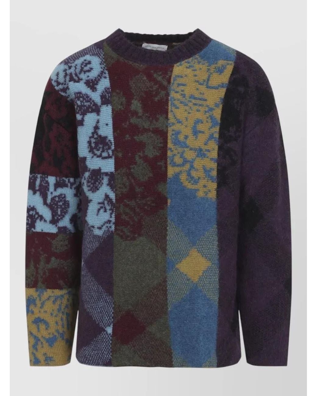 Dries Van Noten Blue Wool Alpaca Patchwork Jacquard Oversized Crewneck Sweater for men