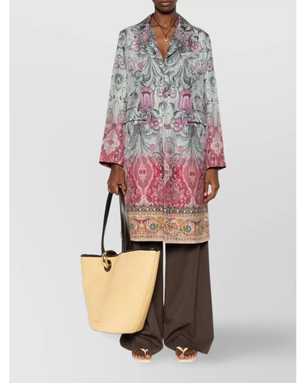 Pierre Louis Mascia Pink Silk Floral-Print Beaded Single-Breasted Coat