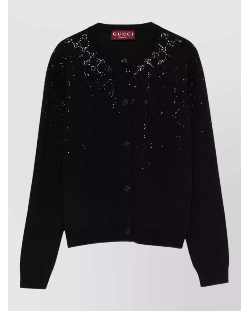 Gucci Black Wool Ribbed Crystal-Embellished Crew-Neck Cardigan