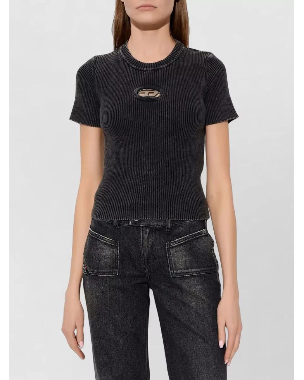 DIESEL Black Cotton Ribbed Cutout Cropped T-Shirt