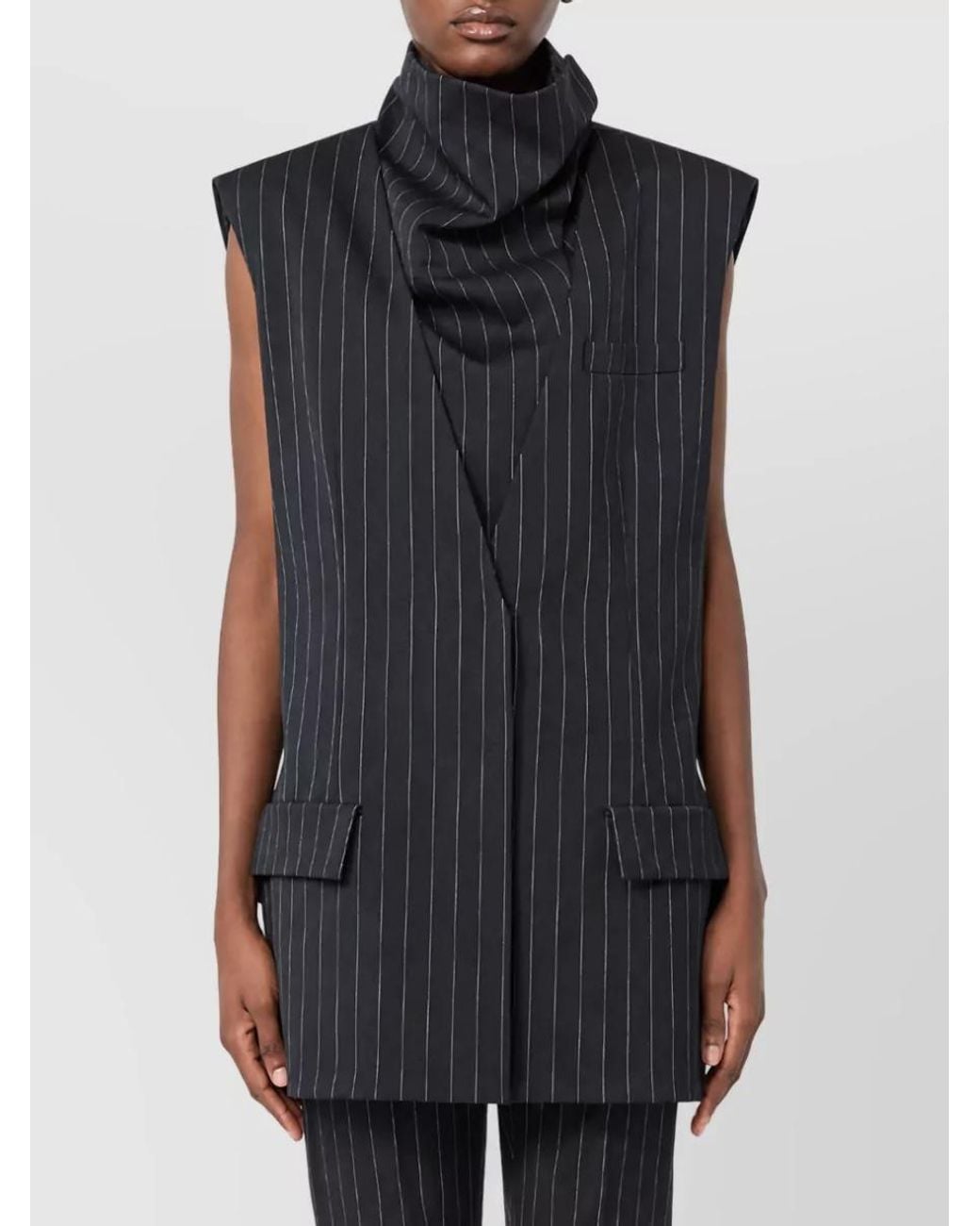 Sportmax Blue Pinstriped Wool Sleeveless V-Neck Jacket