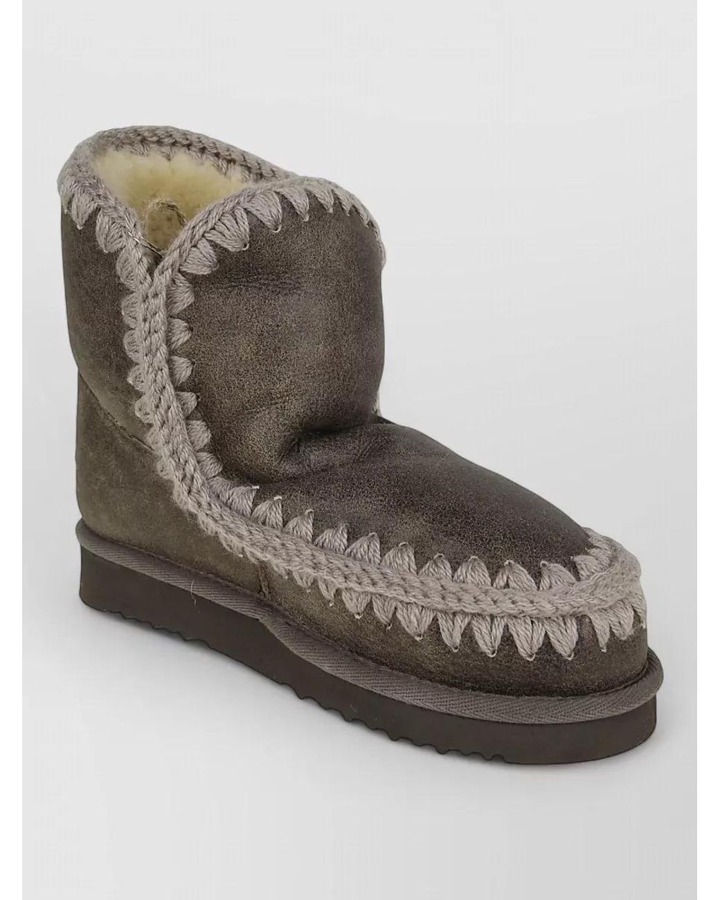 Mou Brown Sheepskin Crochet-Trim Ankle Boots