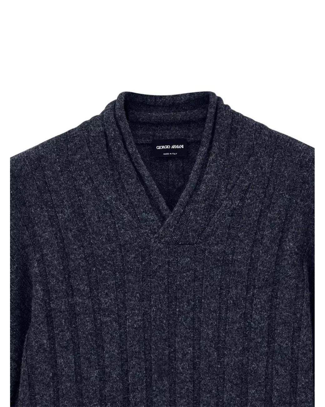 Giorgio Armani Blue Wool Ribbed Shawl Collar Jumper for men