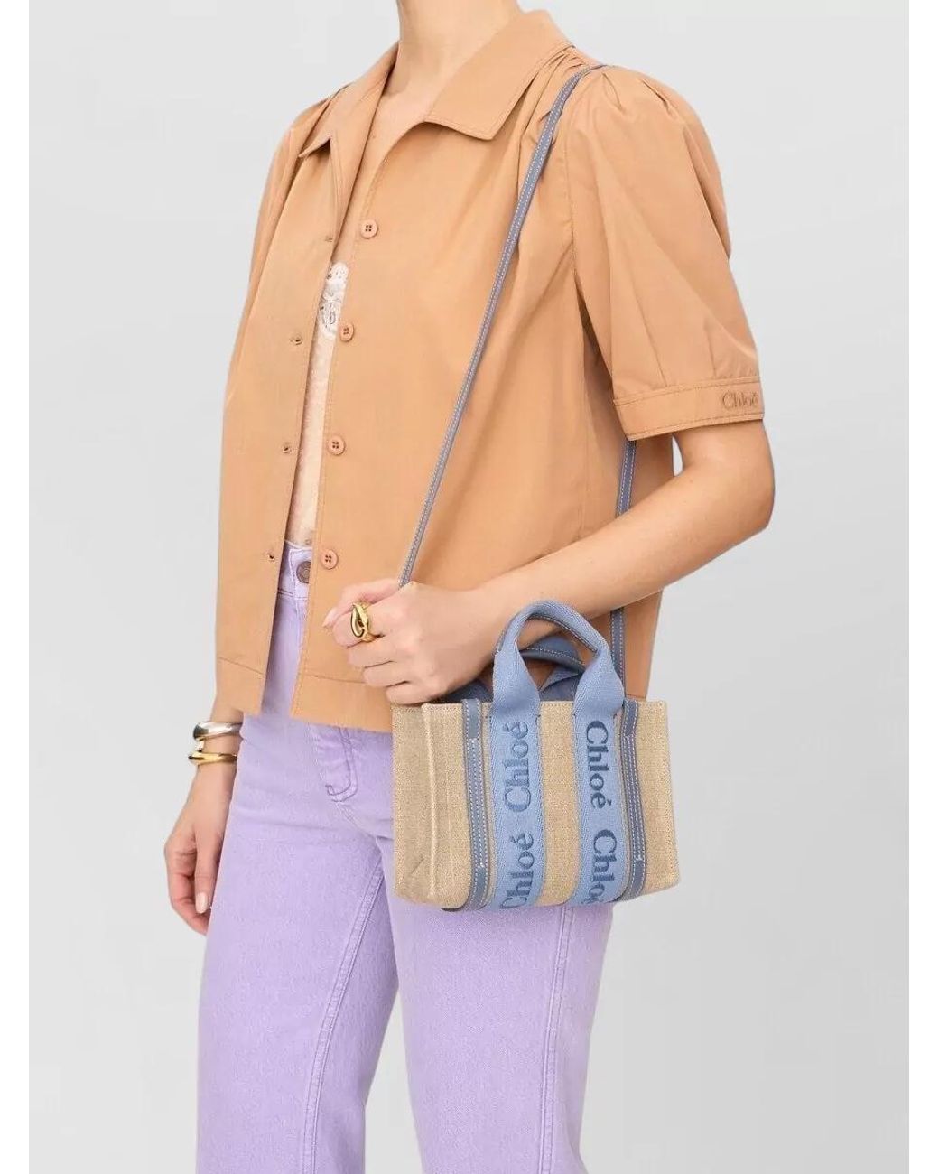 Chloé Blue Woody Mini Linen Tote Bag