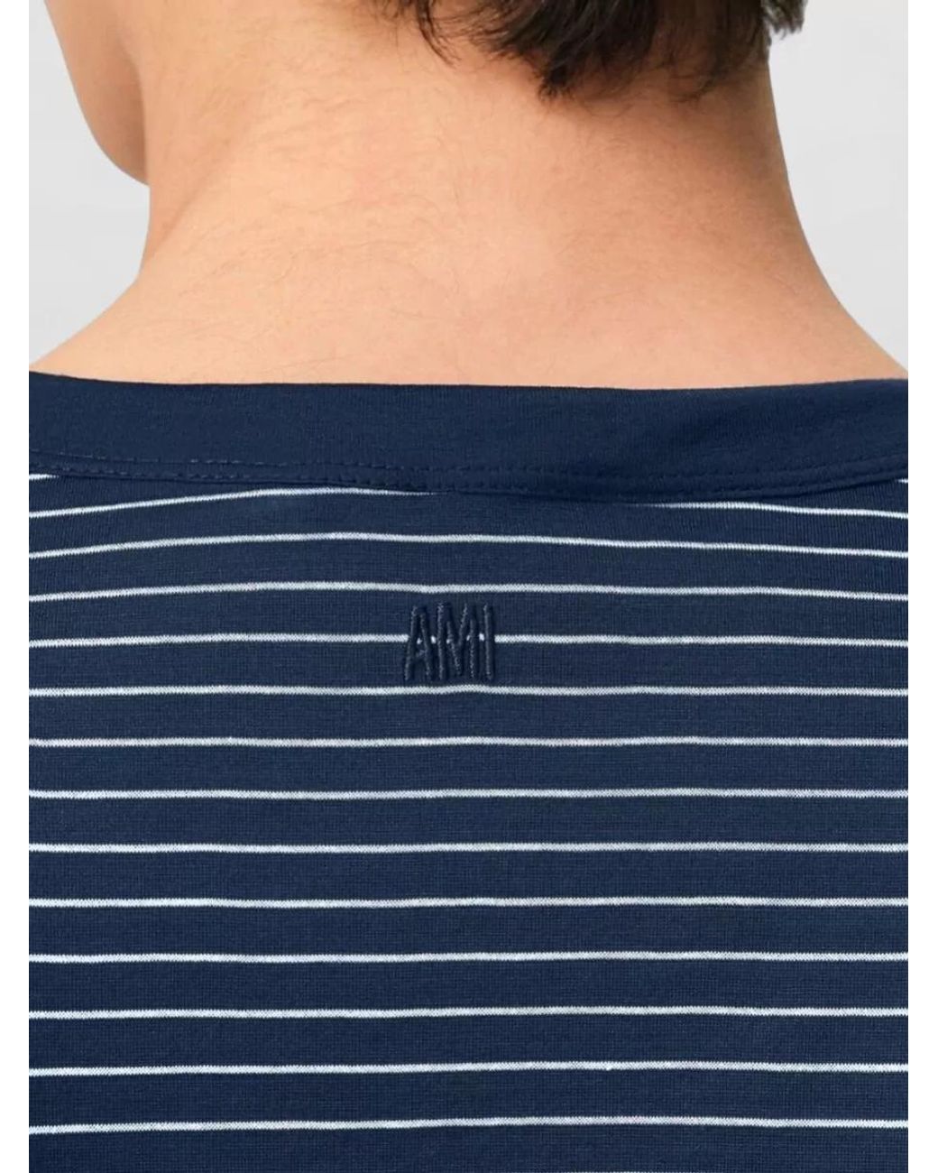 AMI Blue Striped Cotton Short Sleeve T-Shirt for men