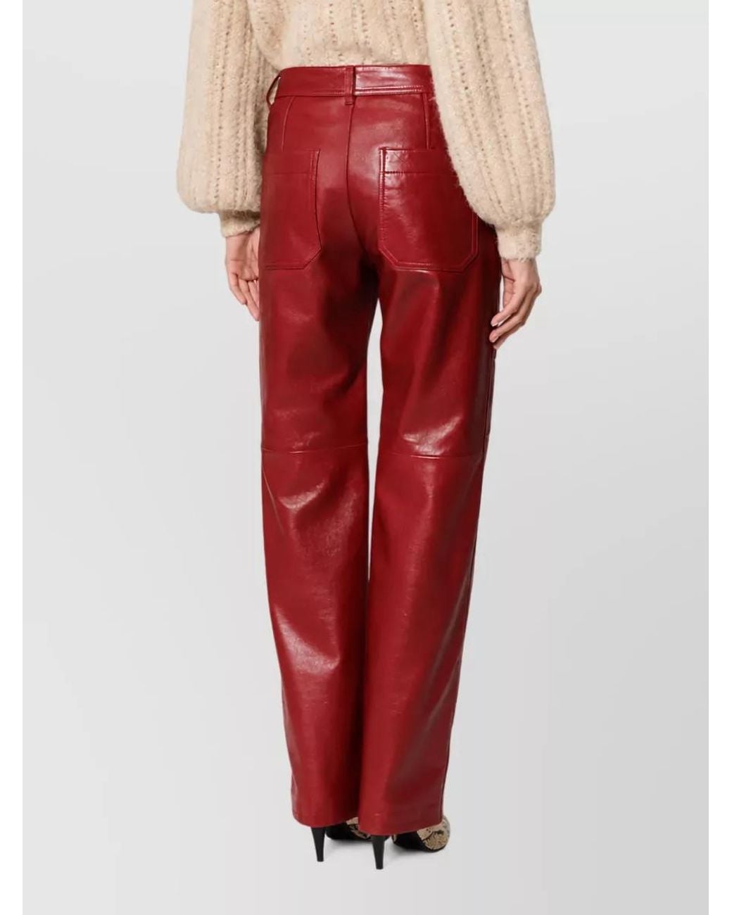 Isabel Marant Red Lamb Leather Paneled Straight-Leg Trousers