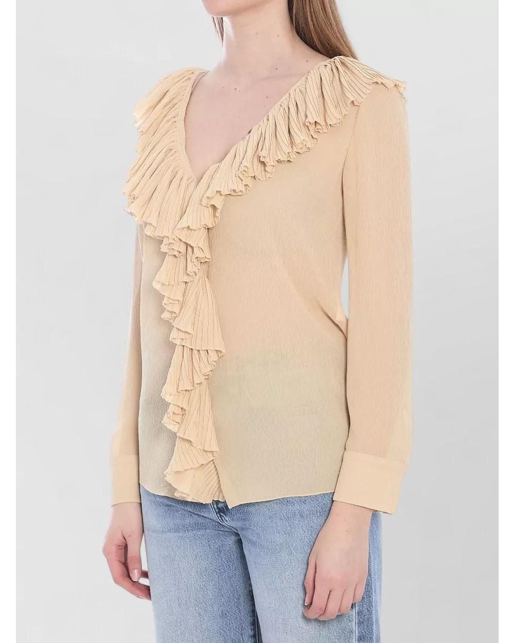 Saint Laurent Blue Silk Semi-Sheer Ruffled V-Neck Blouse