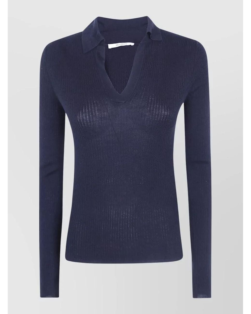 Max Mara Blue Silk Cashmere Ribbed Long-Sleeve Polo Top