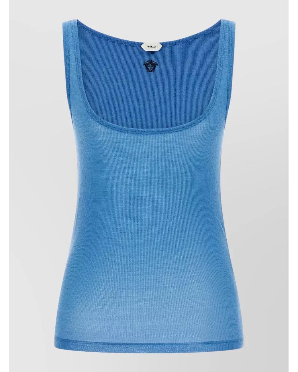 Versace Blue Ribbed Virgin Wool Sleeveless Round Neck Tank Top