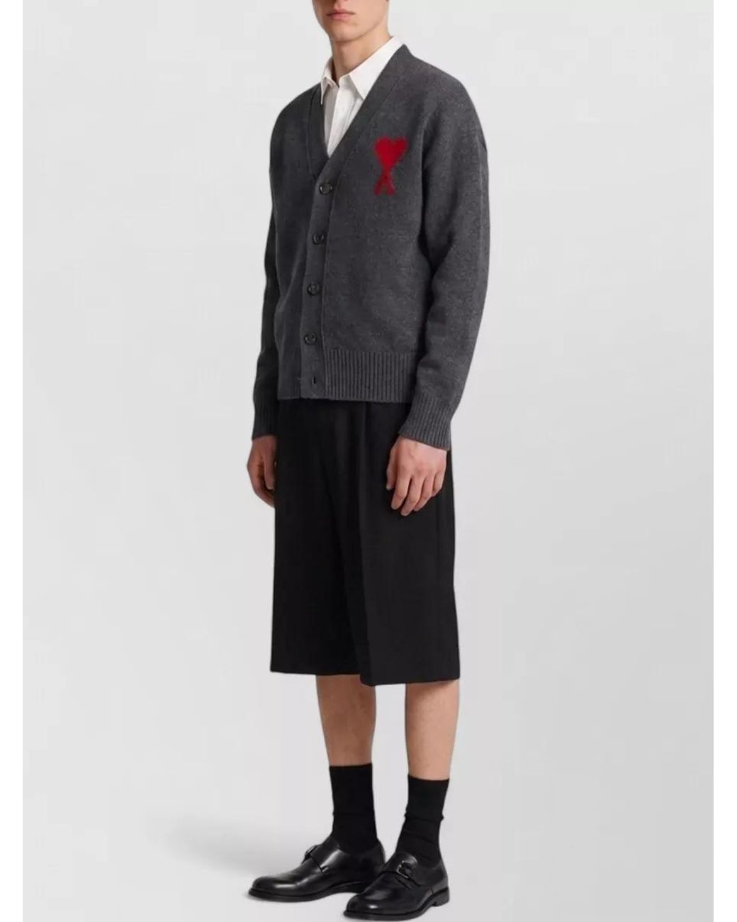 AMI Gray Wool V-Neck Ribbed Cardigan for men