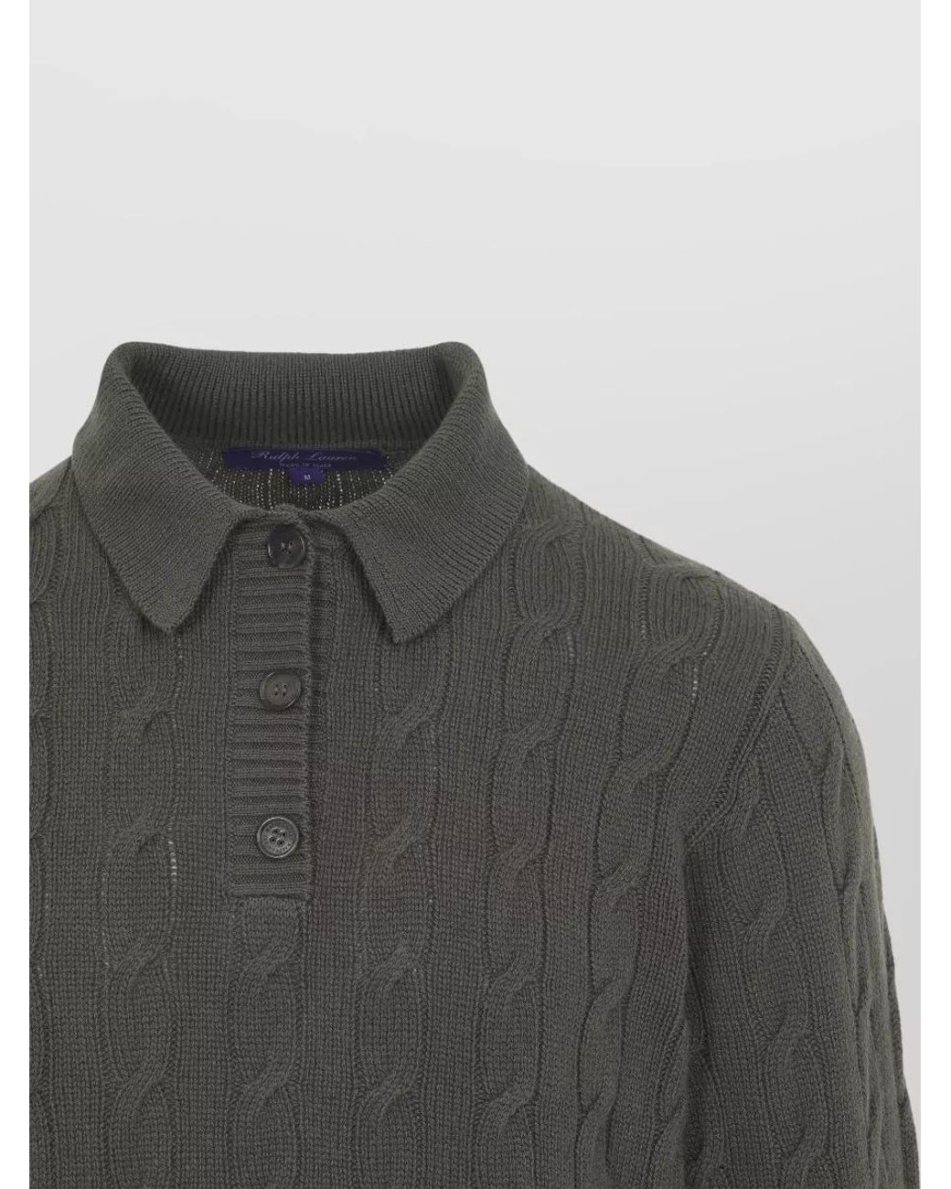 Ralph Lauren Gray Cashmere Cable-Knit Polo Sweater