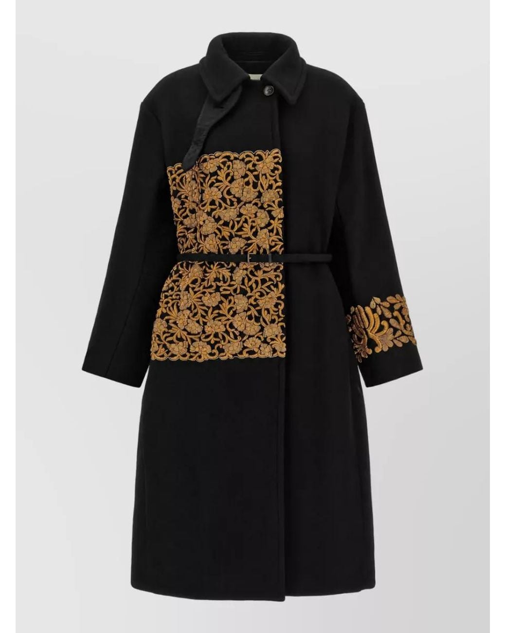 Dries Van Noten Black Wool Embroidered Belted Coat