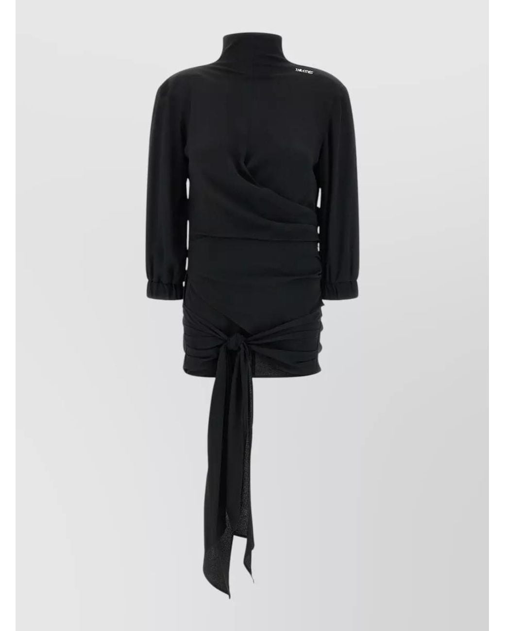 The Attico Black Silk Blend Draped High-Neck 3/4-Sleeve Top