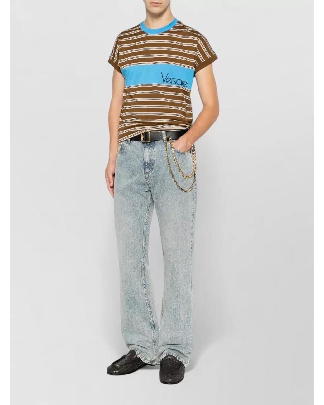 Versace Blue Striped Cotton Short-Sleeve Crew-Neck T-Shirt for men