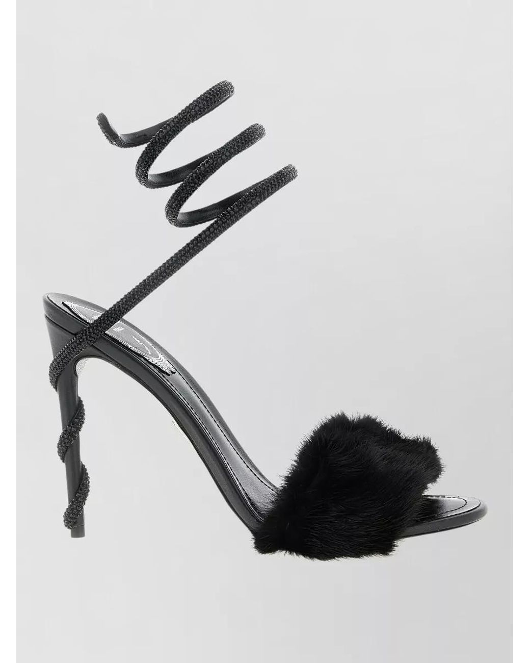 Rene Caovilla Black Leather Crystal Embellished Fur Strap Sandals