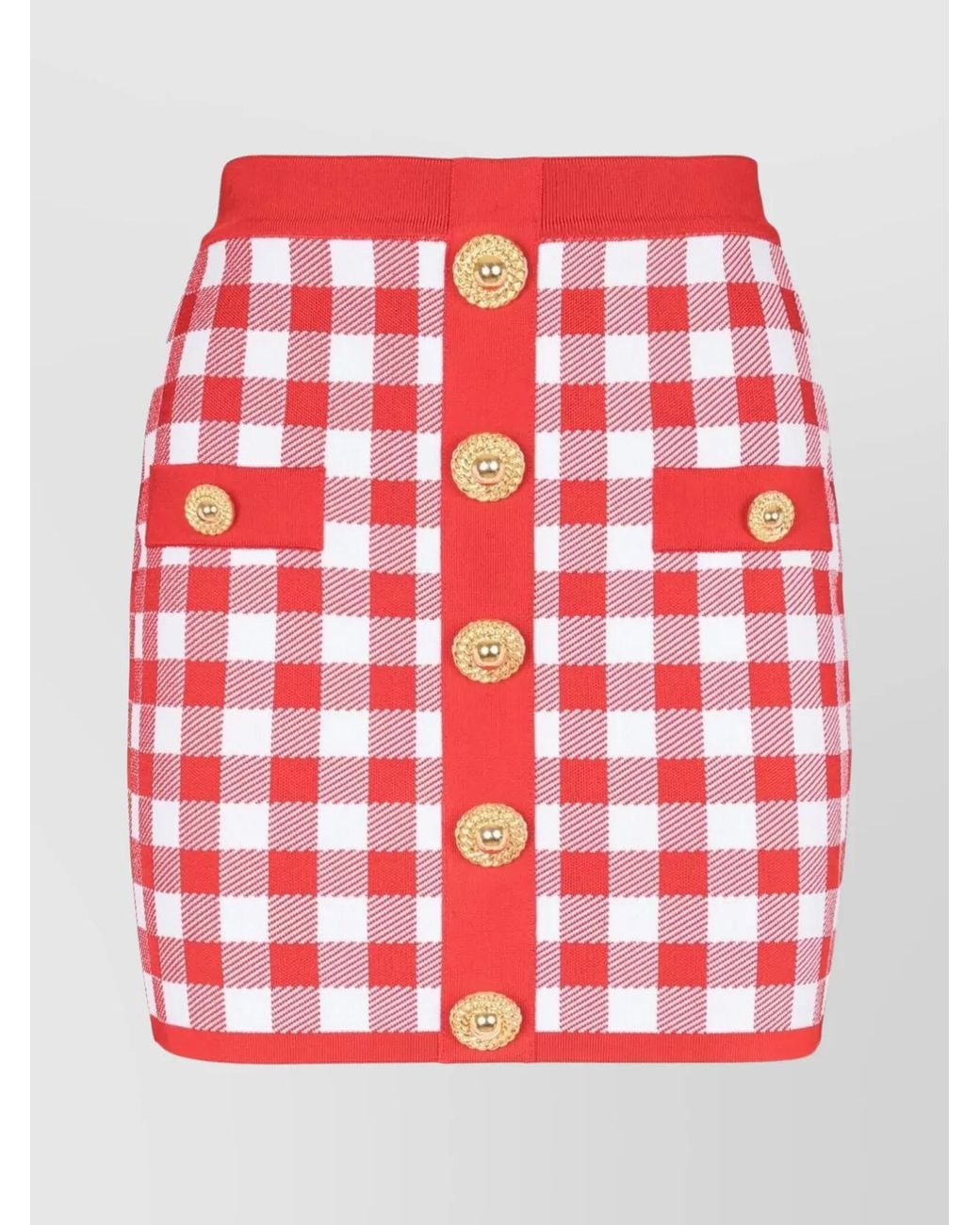 Balmain Red Checked Buttoned High-Waisted Mini Skirt