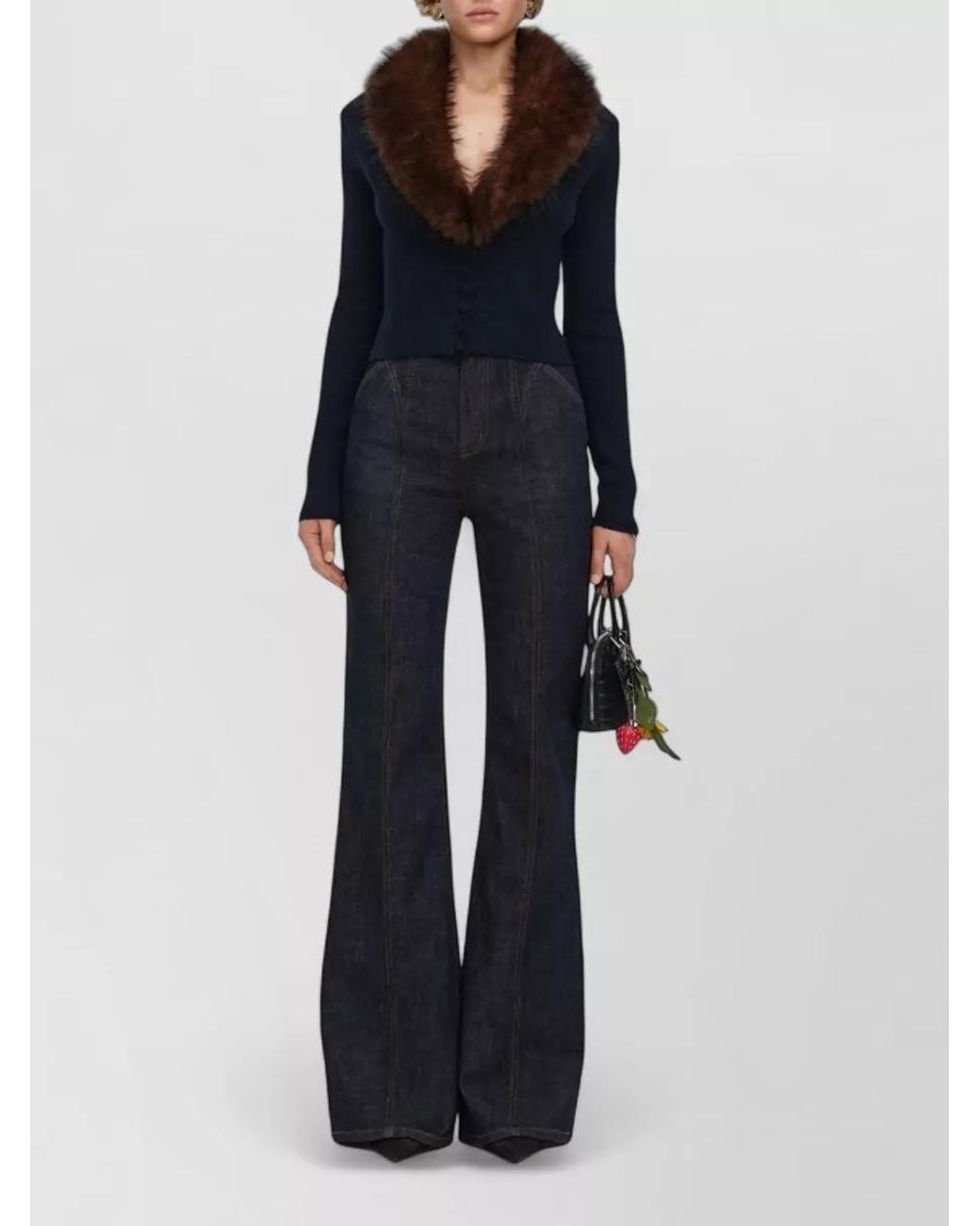 Self-Portrait Blue Wool Blend Faux Fur Trim Cropped Cardigan