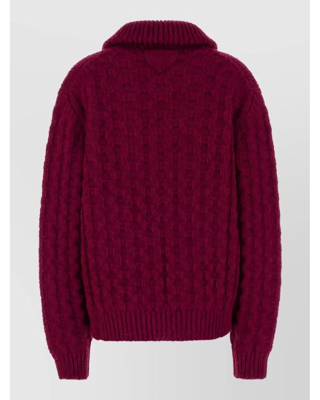 Prada Red Virgin Wool Chunky Cable Knit Funnel Neck Zip Up Cardigan
