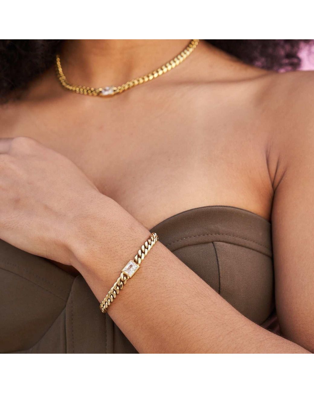 The GLD Shop Emerald Cut Stone Miami Cuban Bracelet - Gold in
