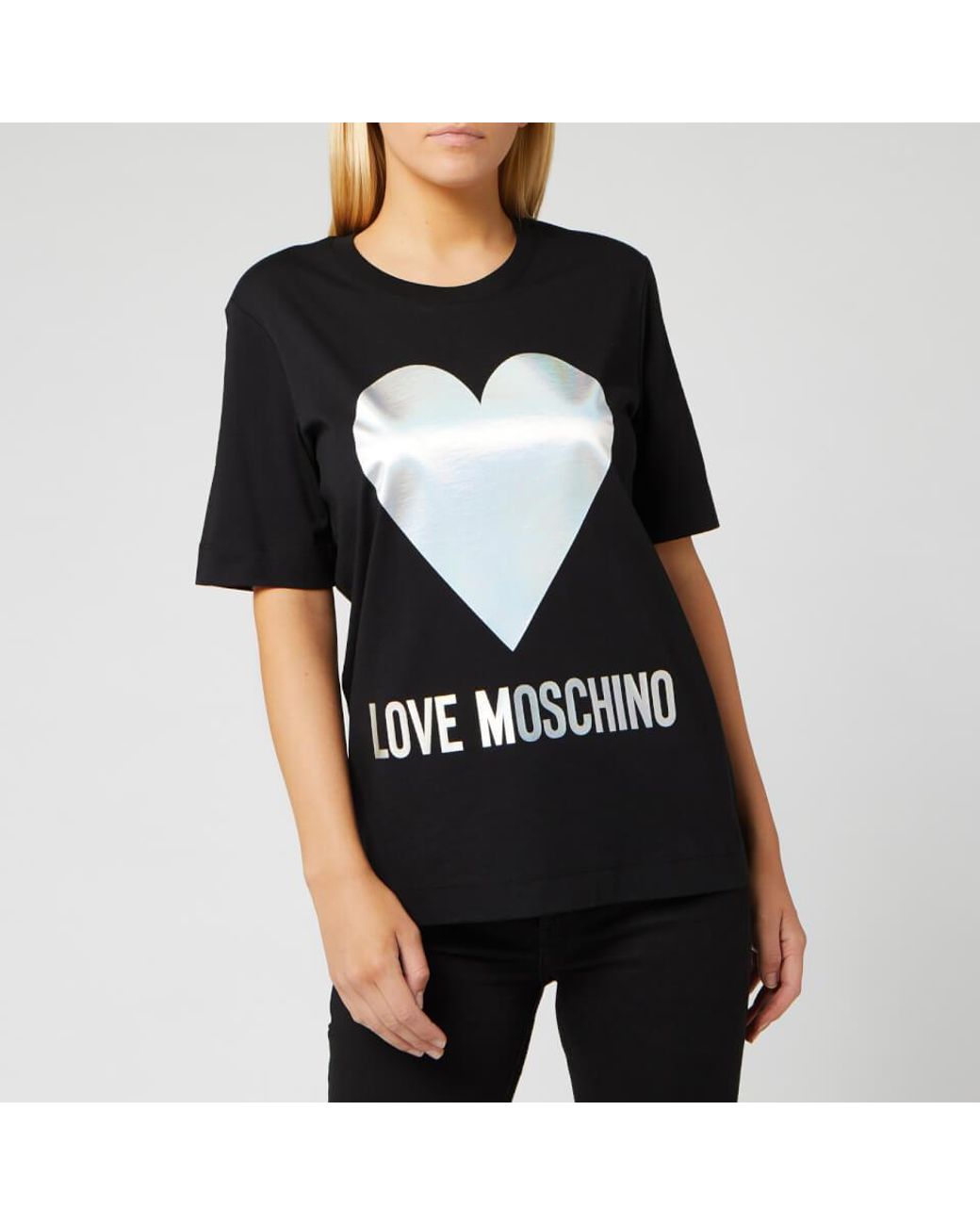 Love Moschino Silver Heart T-shirt in Black | Lyst