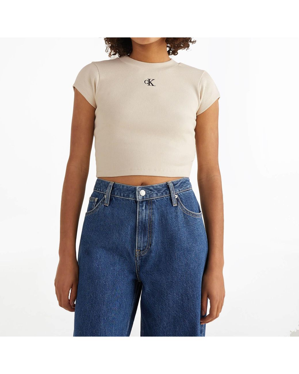 Calvin Klein Ck Rib Cropped Slim T-shirt in White | Lyst