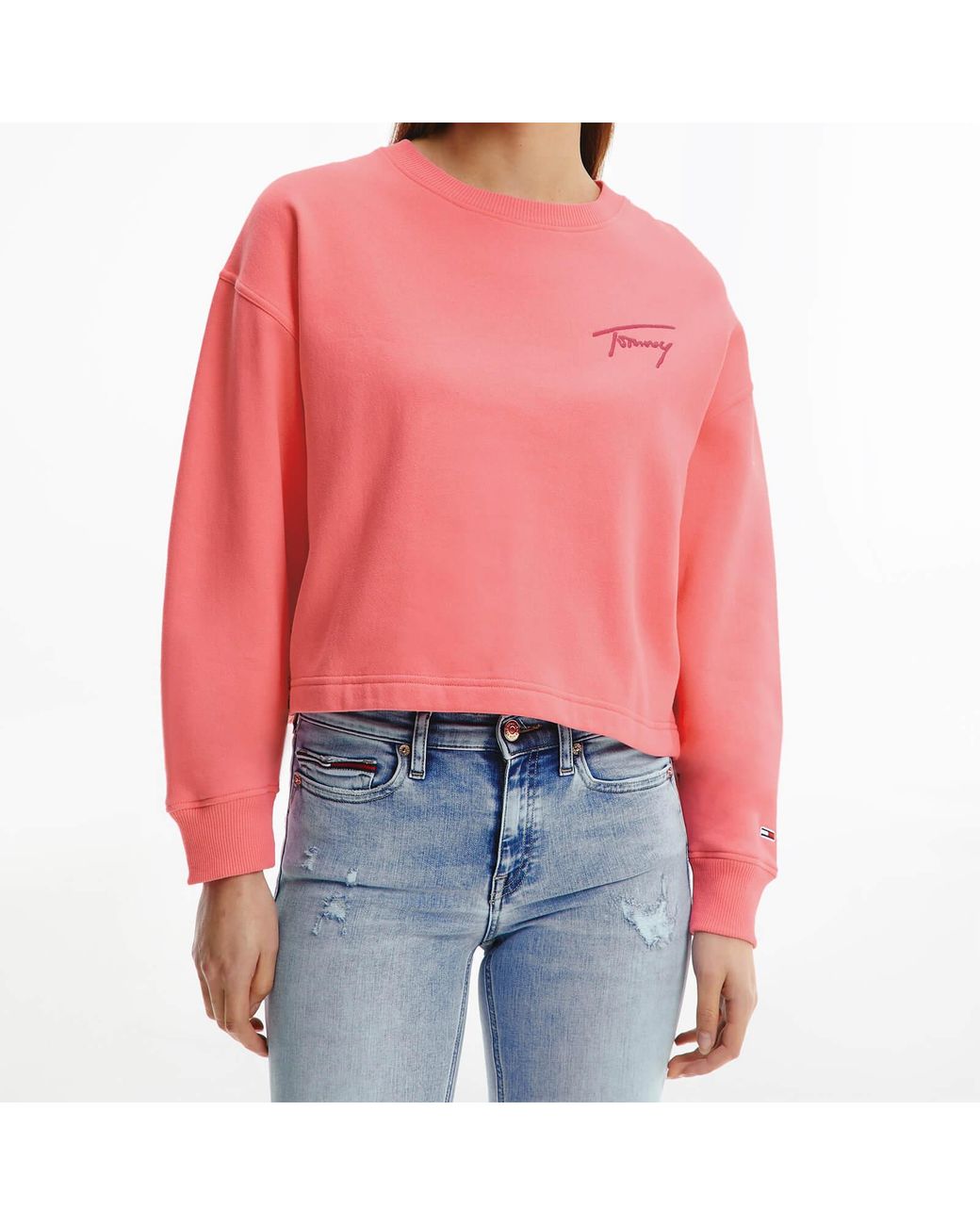 Tommy Hilfiger Denim Tjw Crop Tommy Signature Crew Sweatshirt in Pink | Lyst