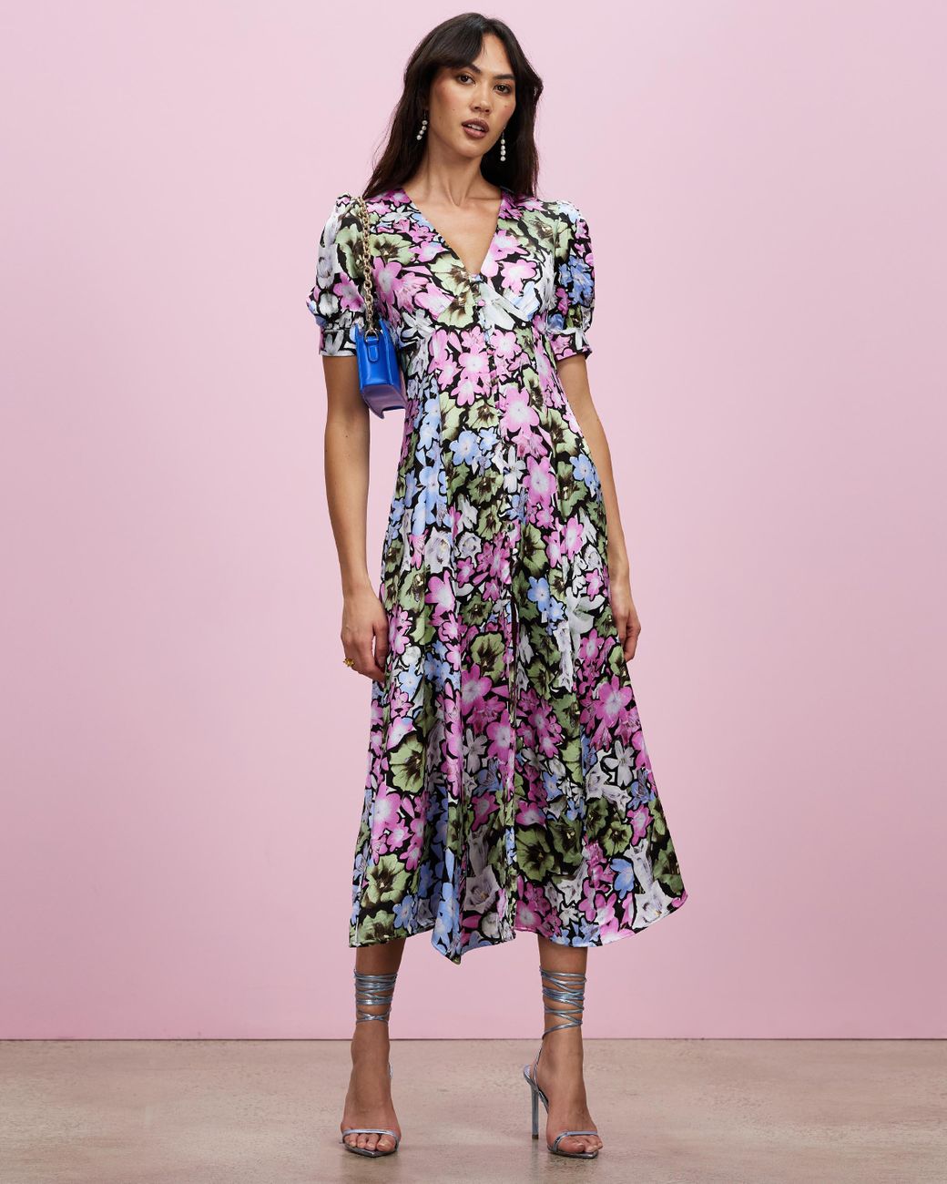 topshop frill detail midi dress in pink floral