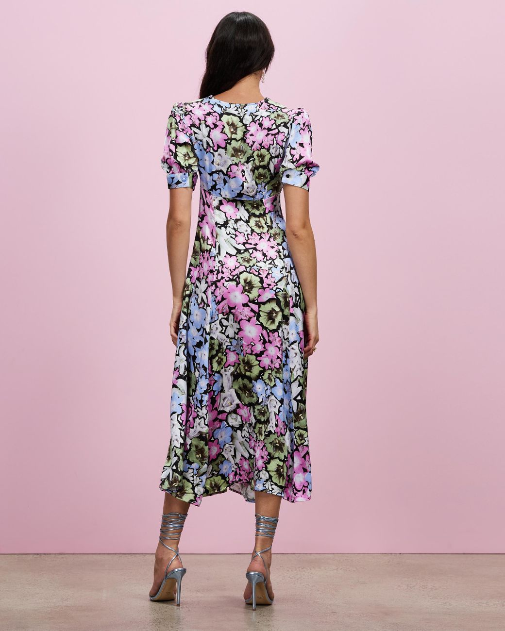 topshop frill detail midi dress in pink floral