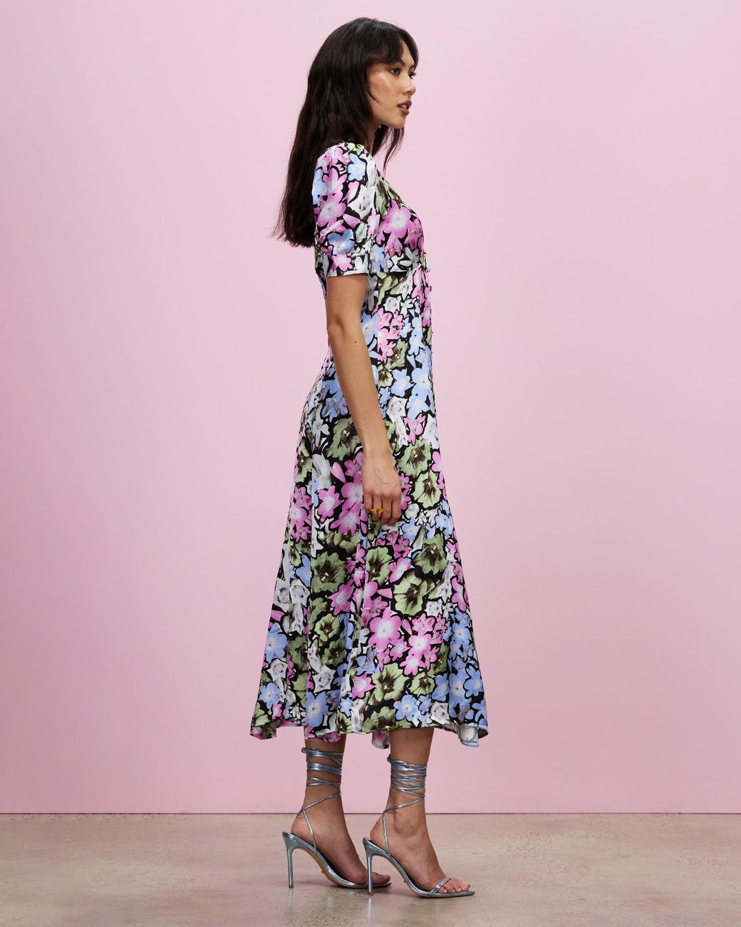 topshop frill detail midi dress in pink floral