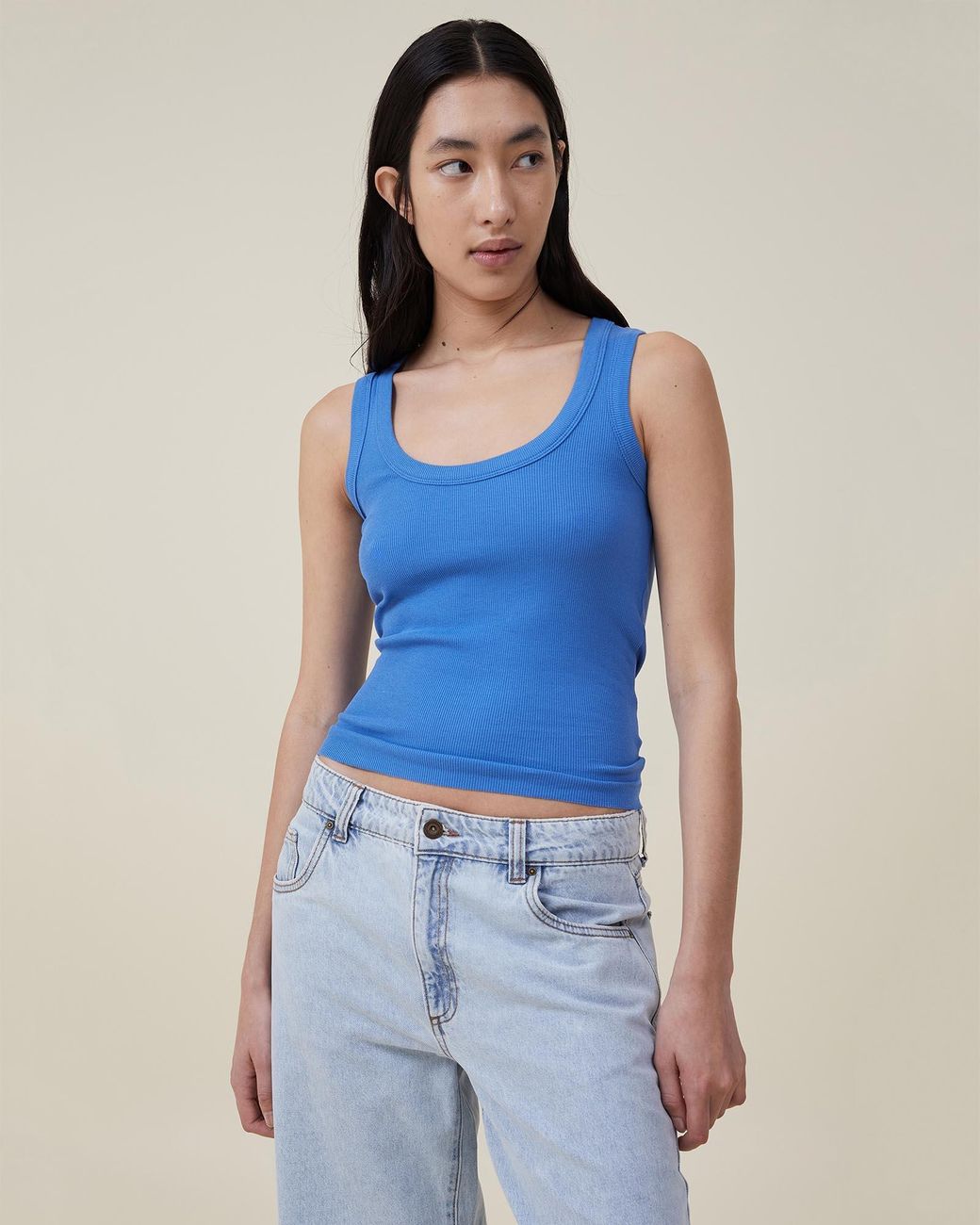 Cotton On The One Organic Rib Scoop Tank in Blue