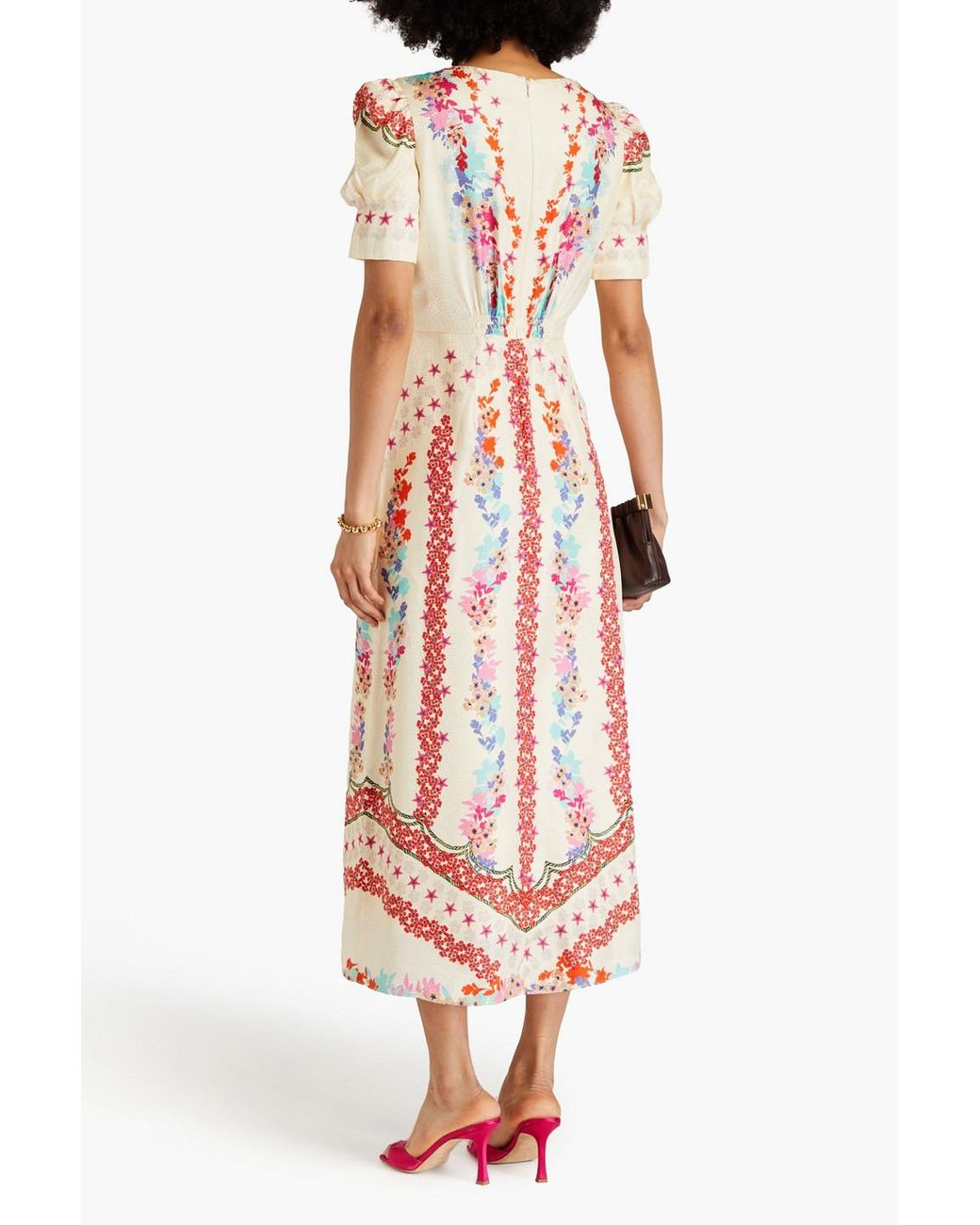 saloni bianca floral-print silk dress Saloni Bianca Floral-print Silk-satin Jacquard Midi Dress in White