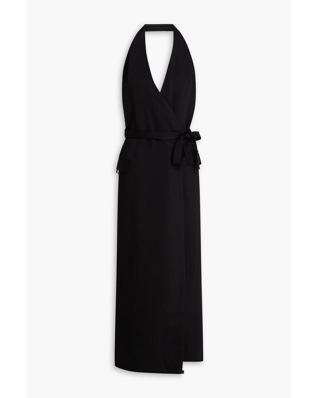 Esse Studios Black Atlas Open-Back Crepe Halterneck Midi Wrap Dress