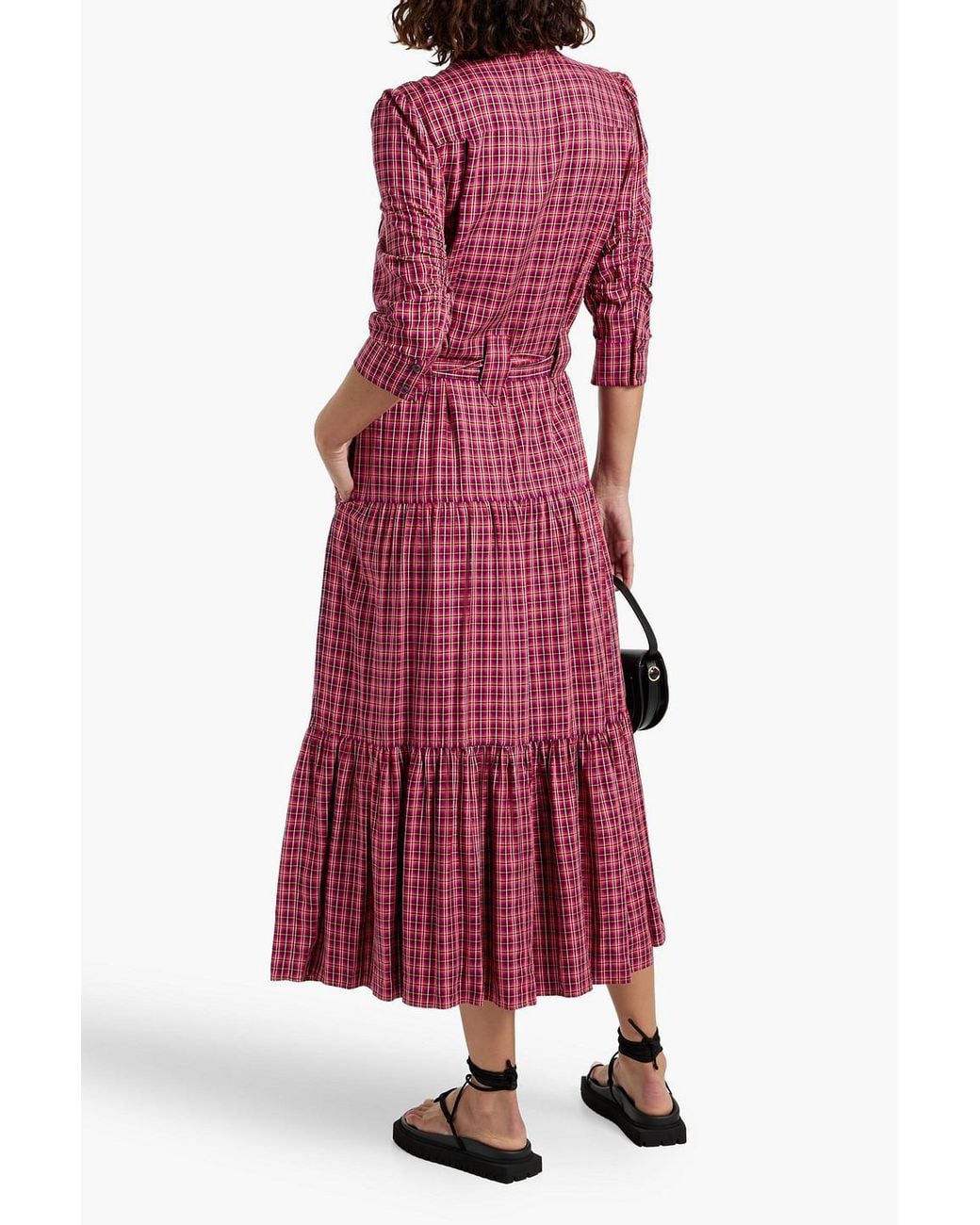 10 Crosby Derek Lam Belted Checked Woven Midi Dress in Red | Lyst